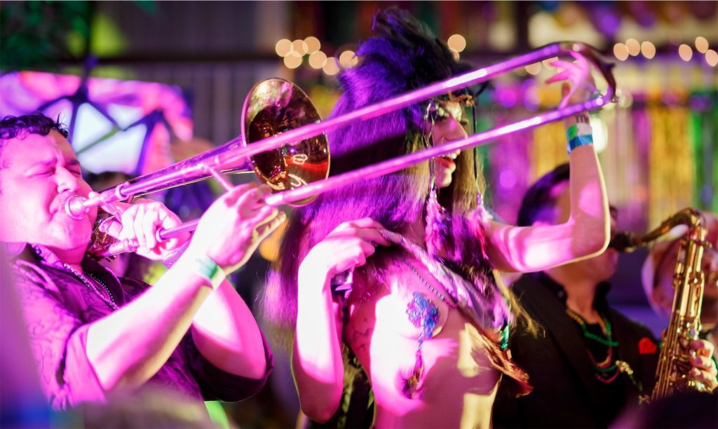 Denver Mardi Gras 2024 199 Mardi Gras musicians performing lively music Denver
